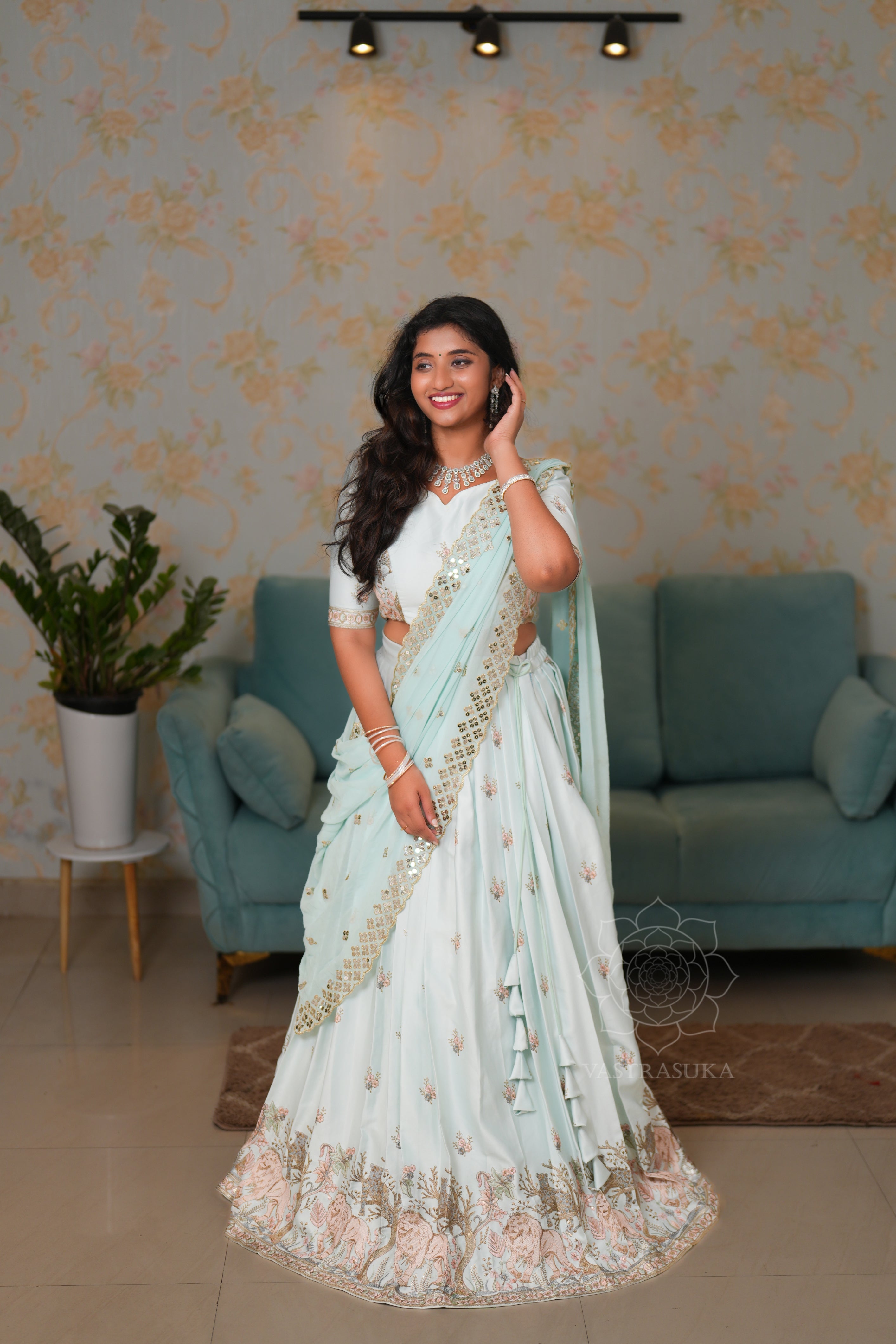 Mint blue emroidery lehanga set