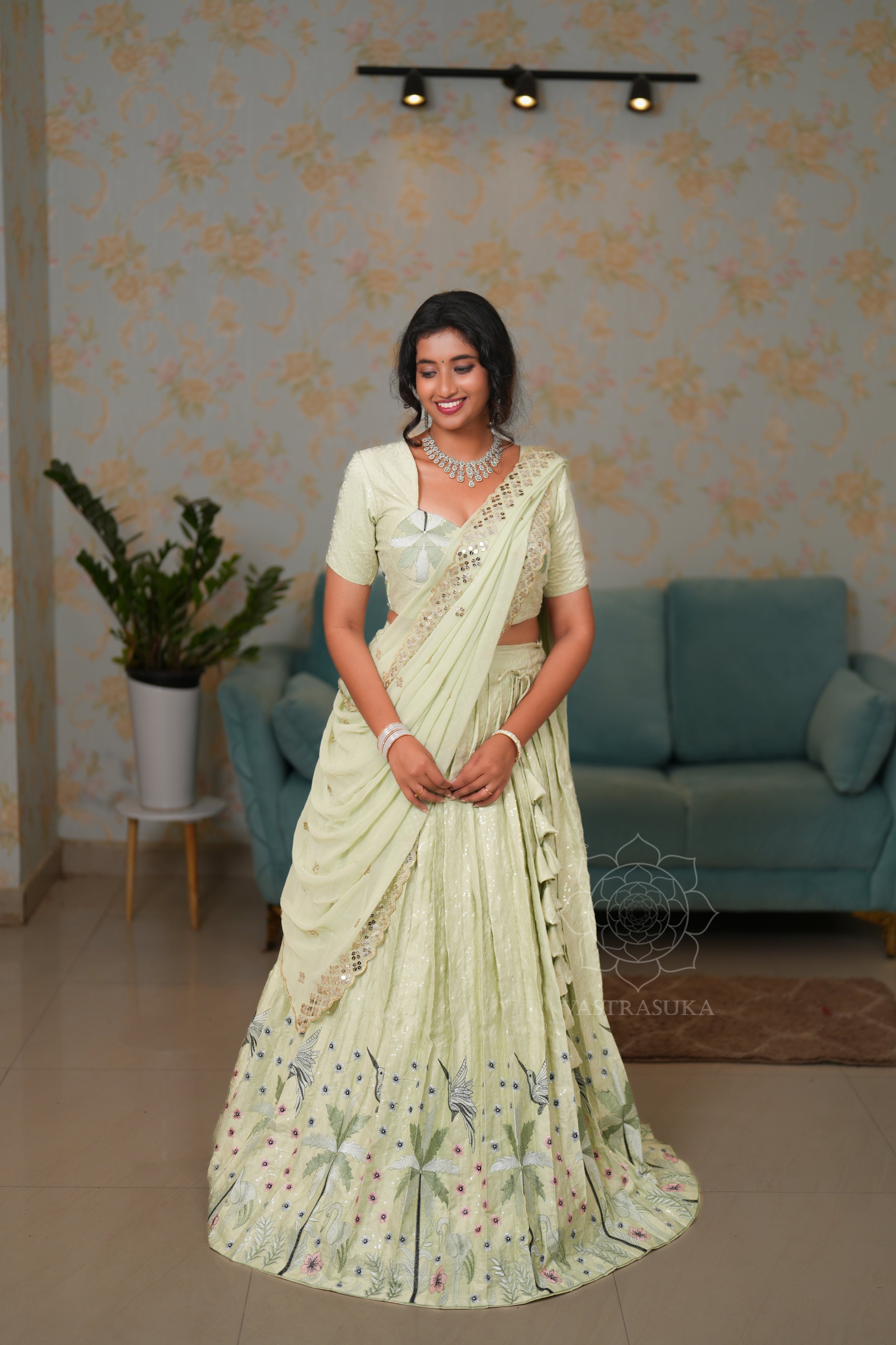 Pista green emroidery lehanga set
