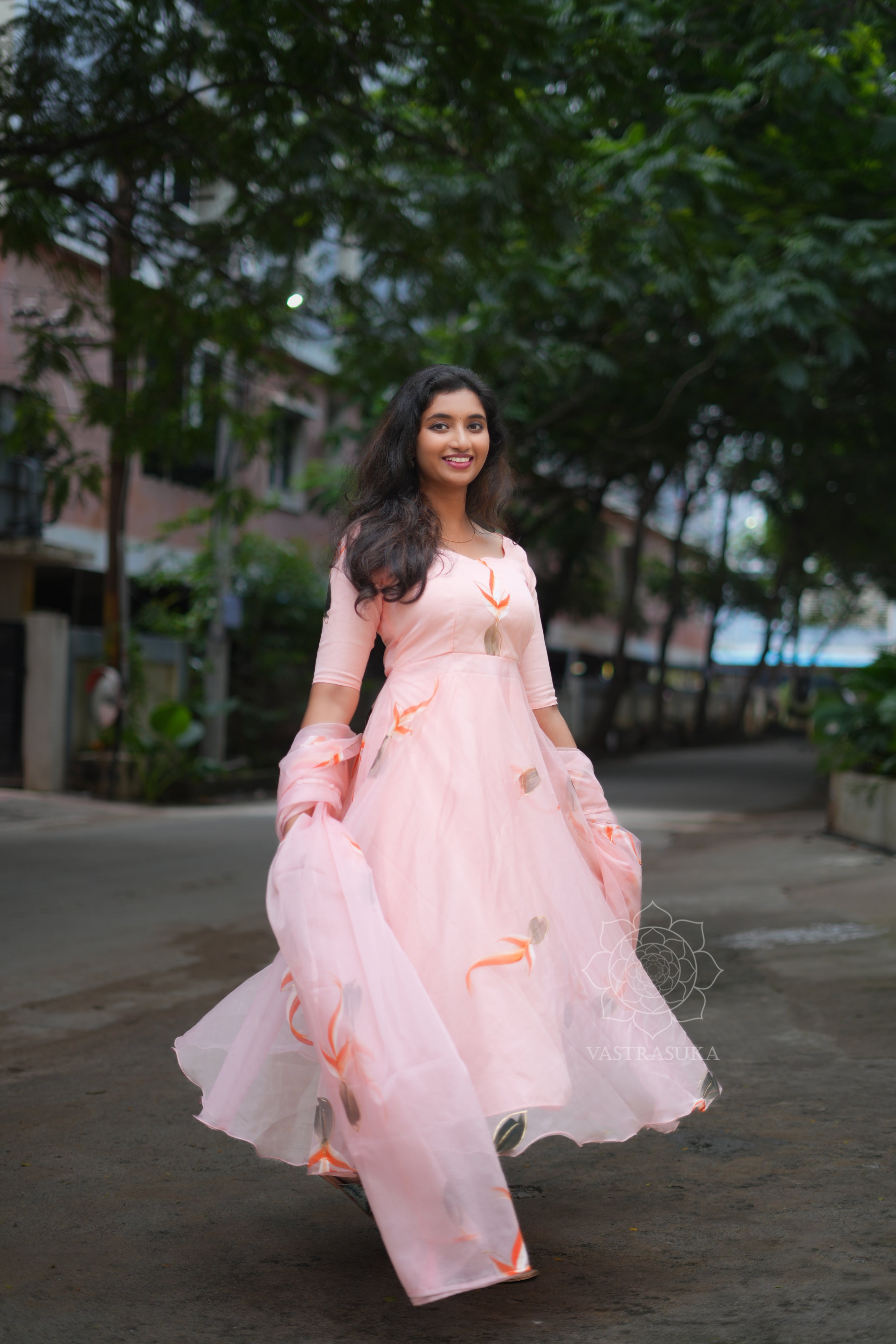 Soft peach hand painted Anarkali