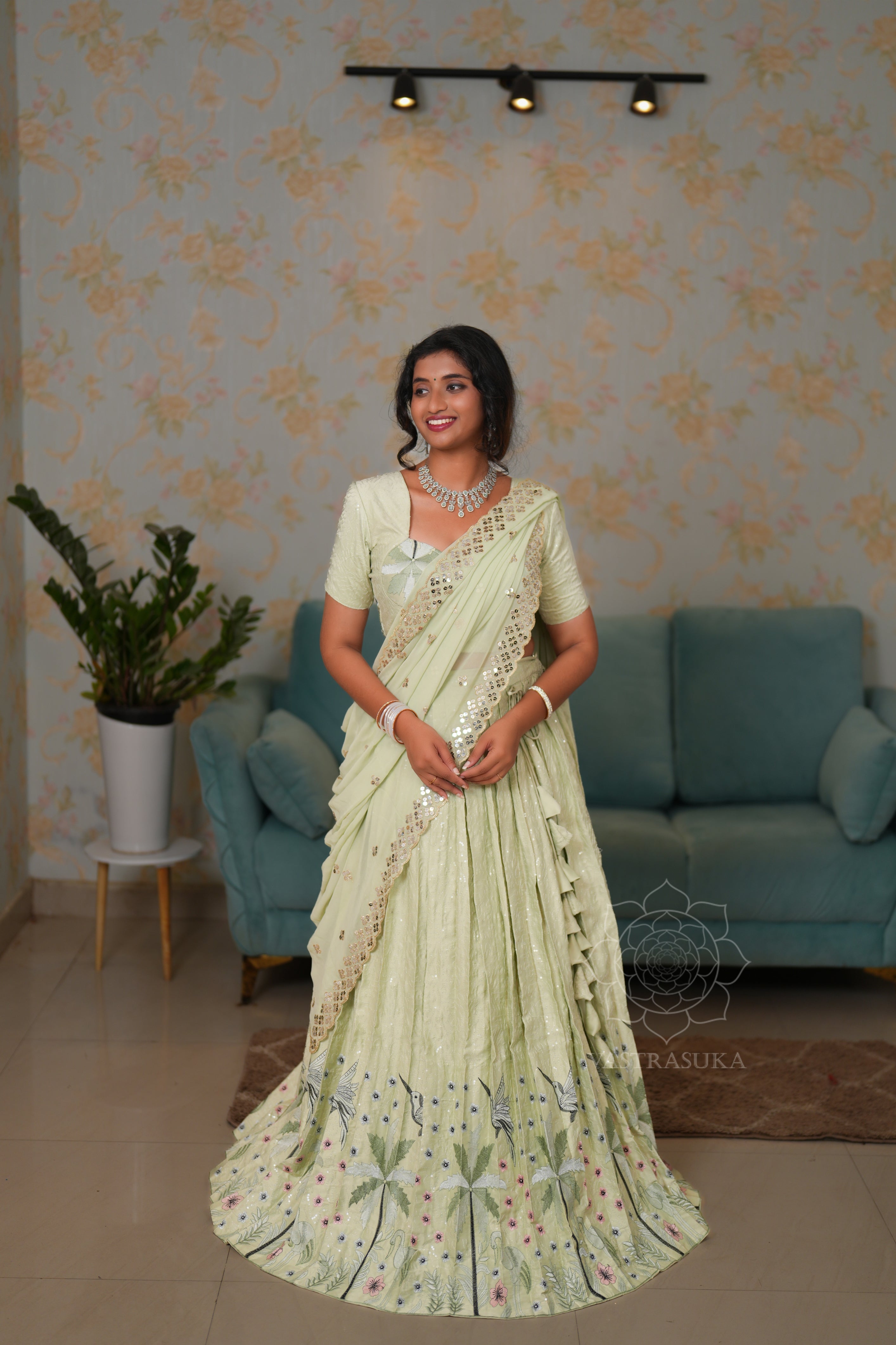 Pista green emroidery lehanga set