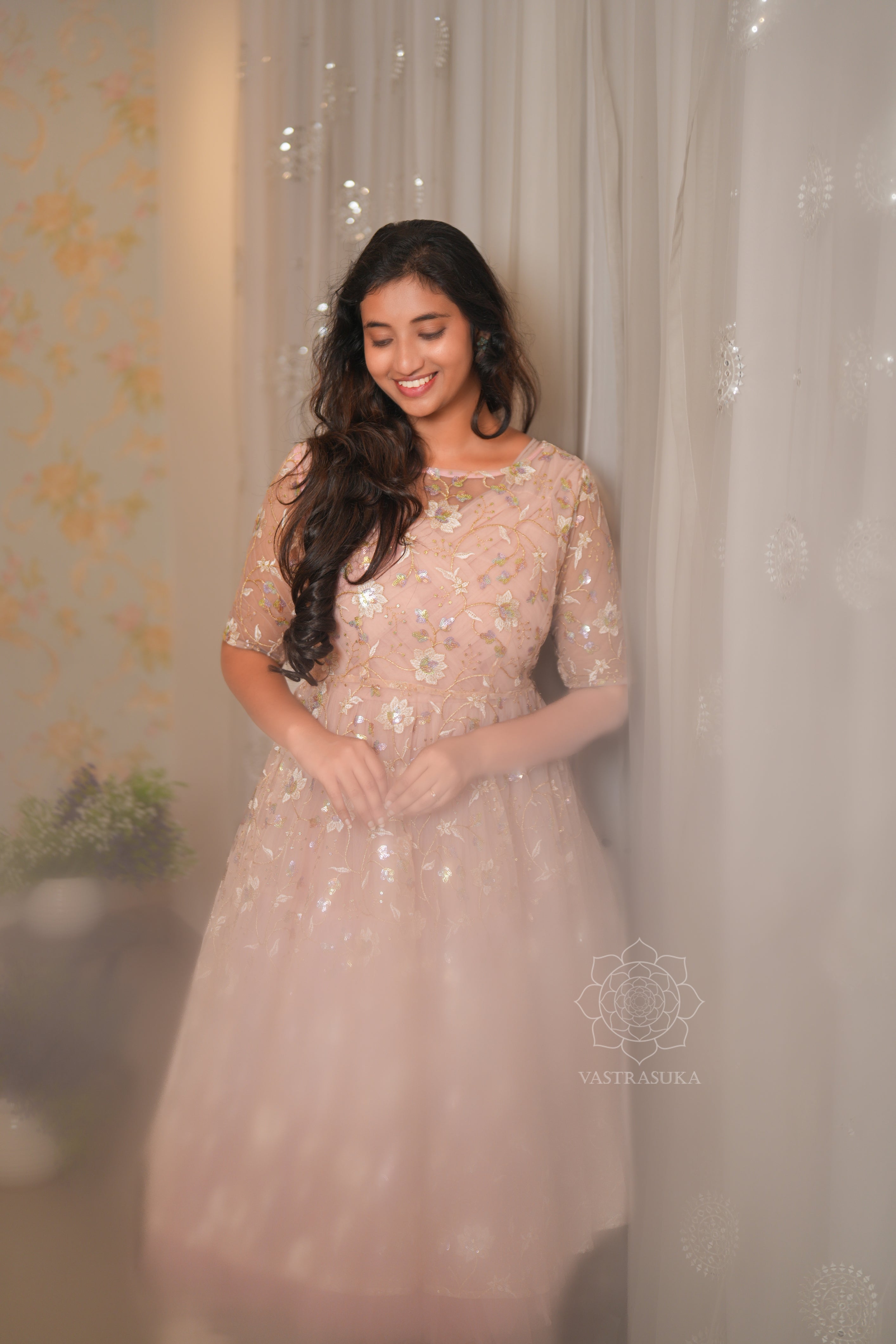 Peach pink ombré net layered Short Dress