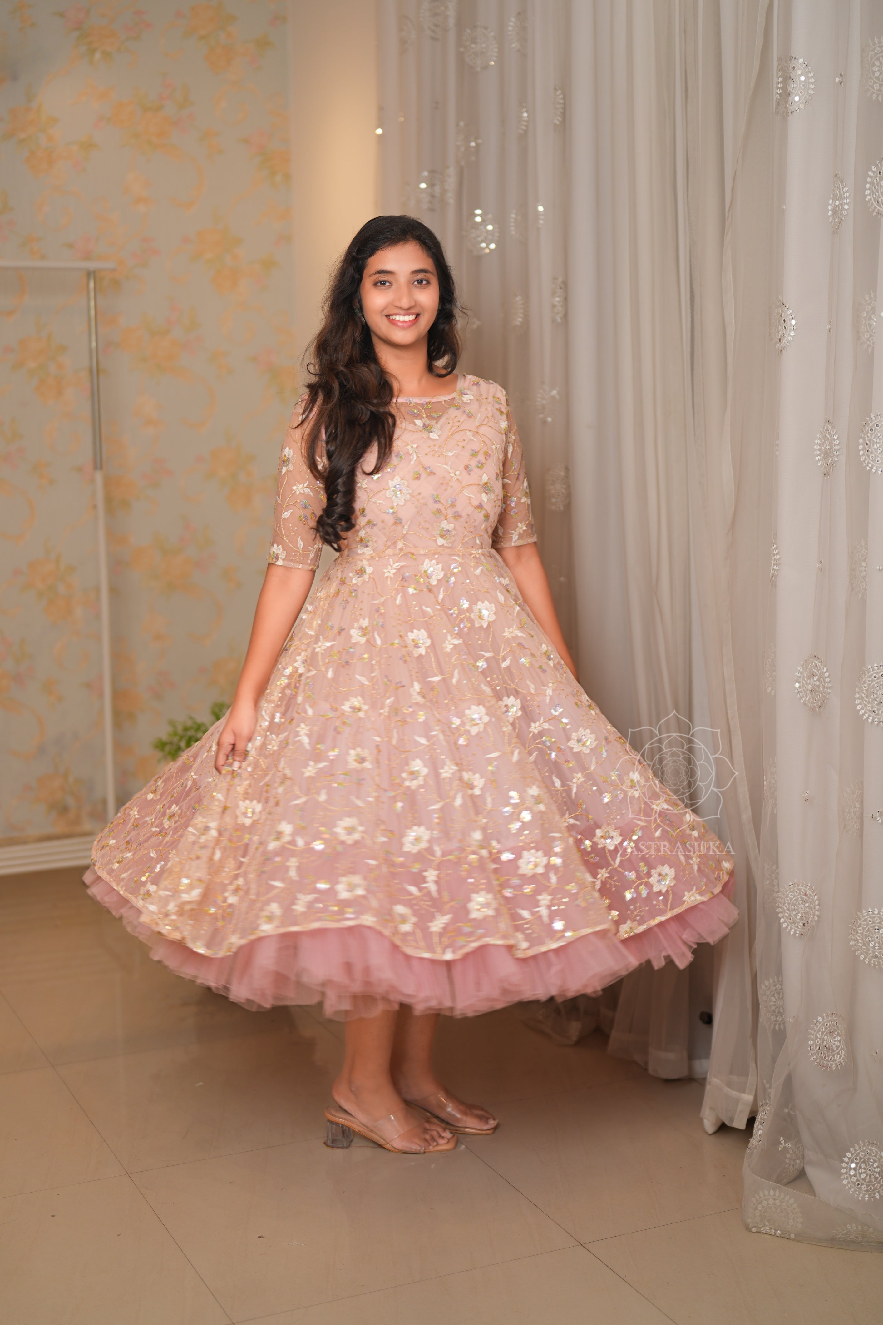 Peach pink ombré net layered Short Dress