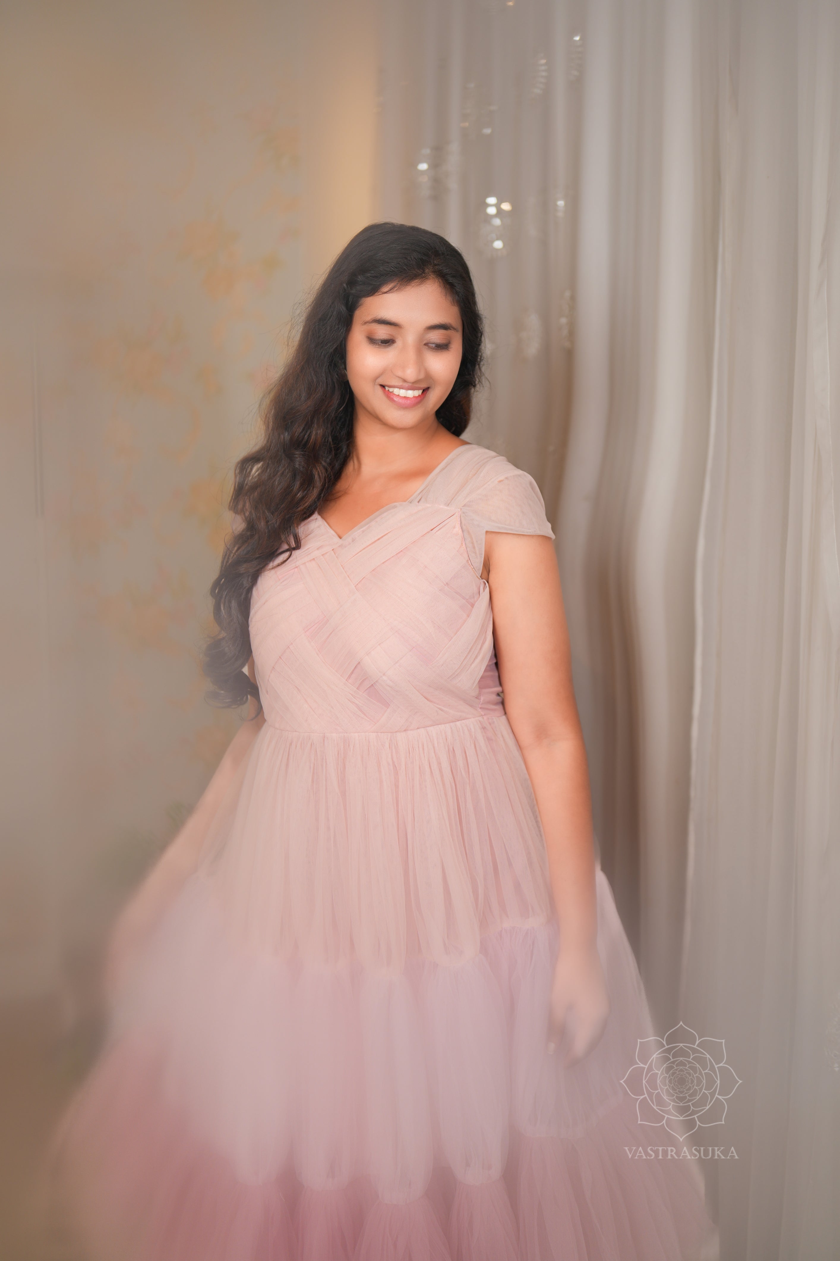 Peach pink ombré net layered Short Dress