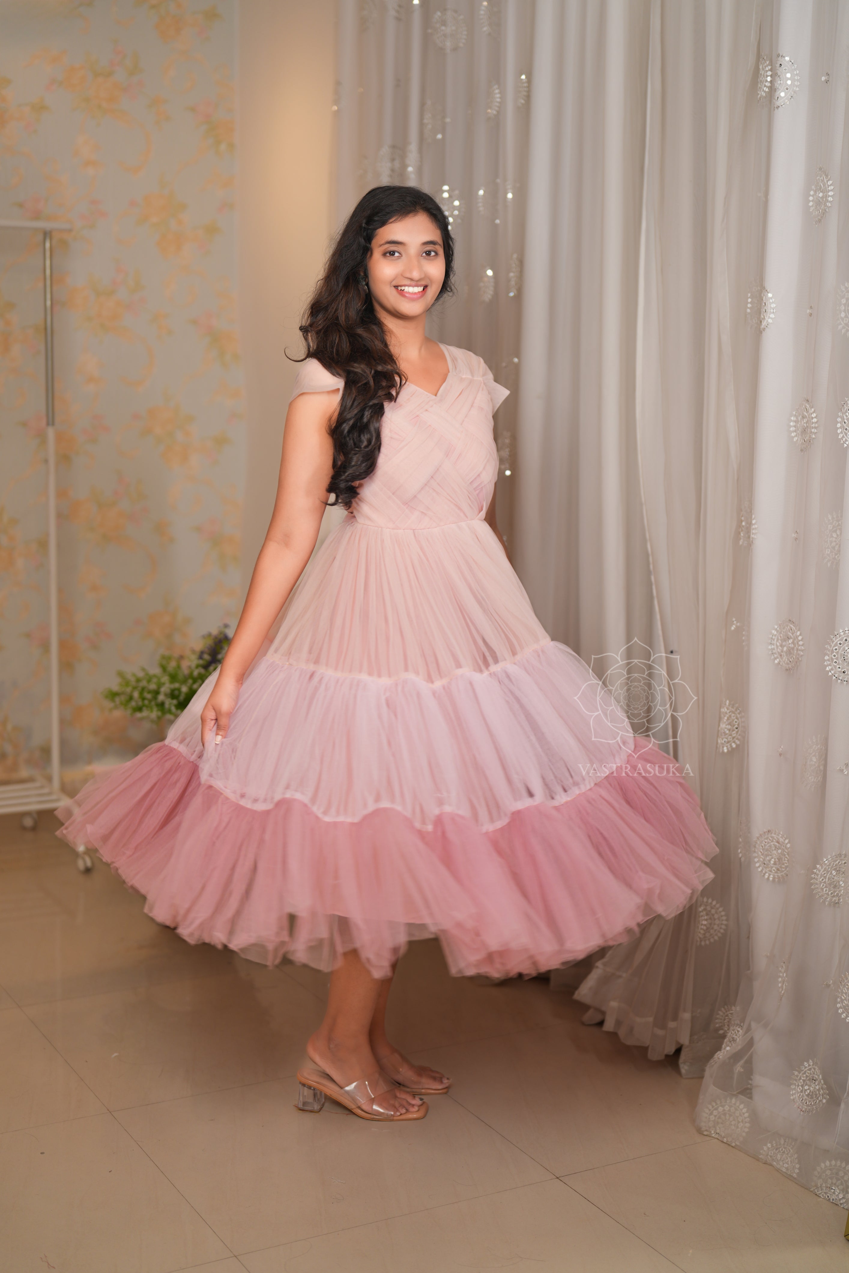 Peach pink ombré net layered Short Dress