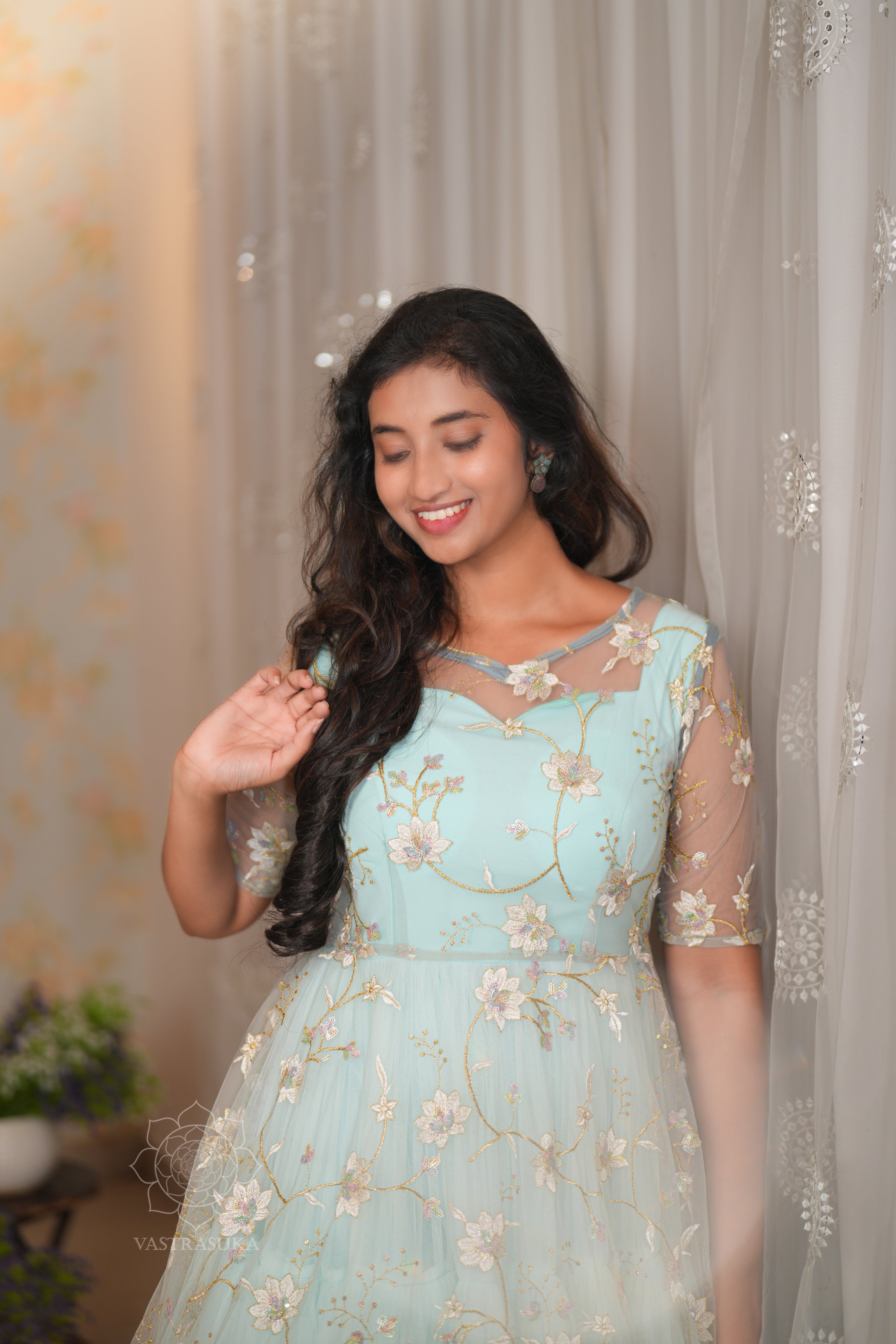 Ice Blue Net Short Dress  3-in-1 Style Without any coat
