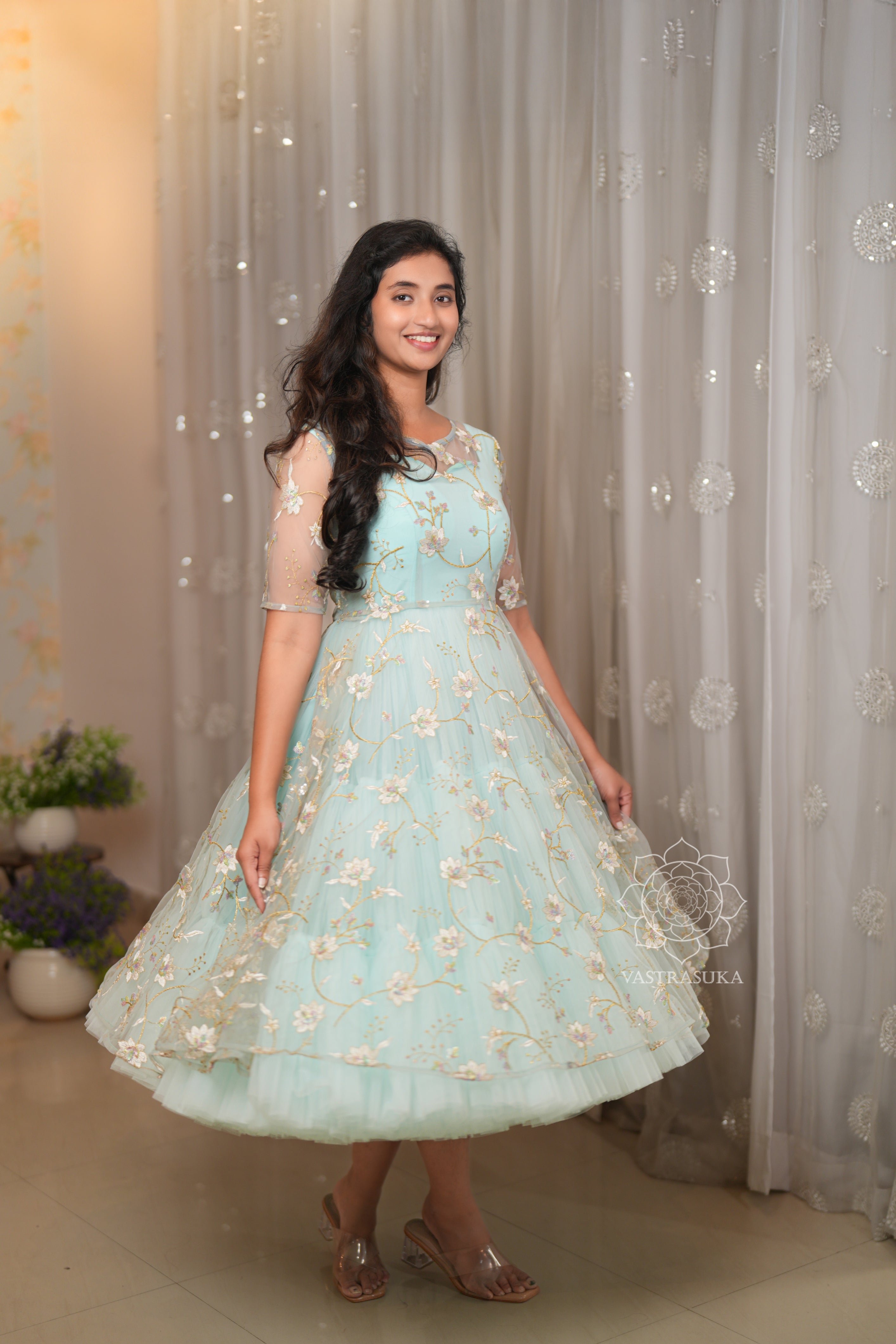 Ice Blue Net Short Dress – 3-in-1 Style Without any coat