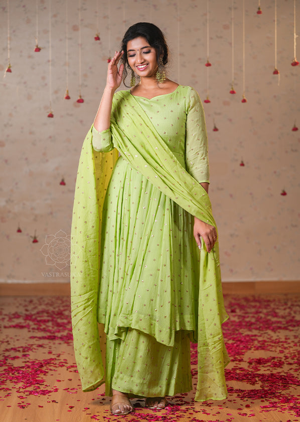 Pista Green Chinnon Sharara Set