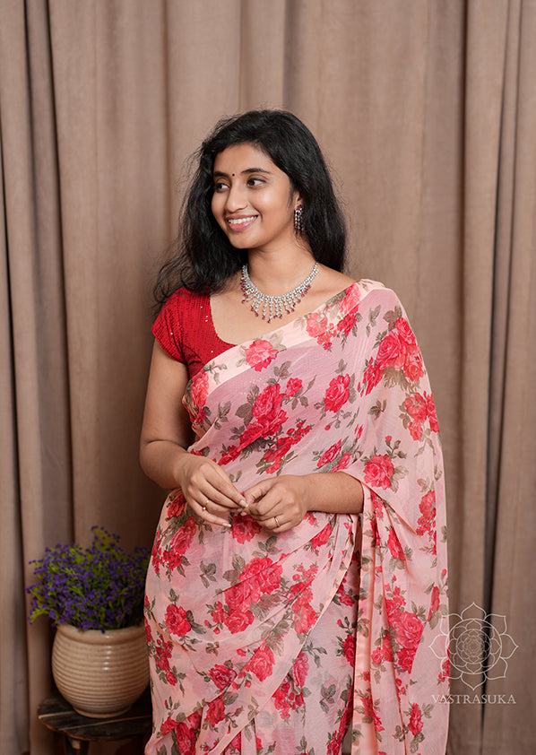 Red Floral Printed Saree