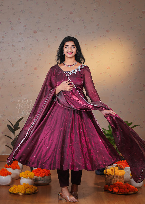 Shine Wine Space Silk Anarkali Set