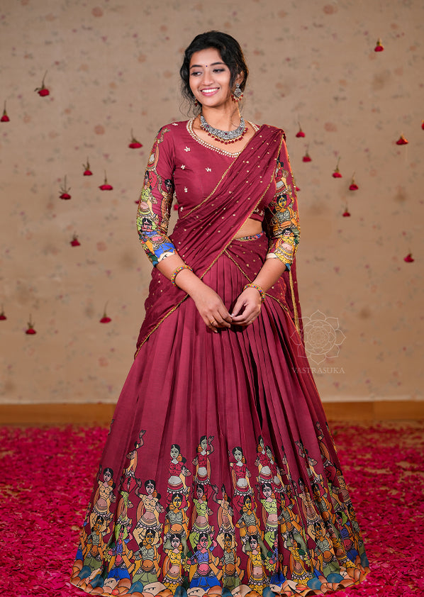 Wine Red Kalamkari Half Saree