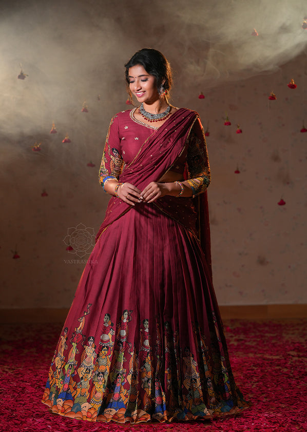 Wine Red Kalamkari Half Saree