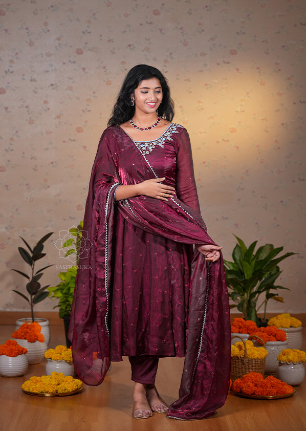 Shine Wine Space Silk Anarkali Set