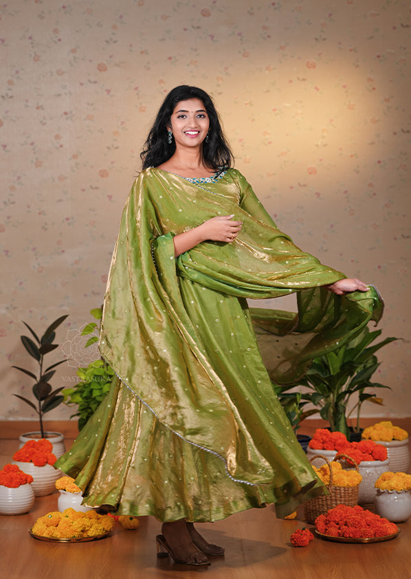 Pear Green Space Silk Anarkali Set