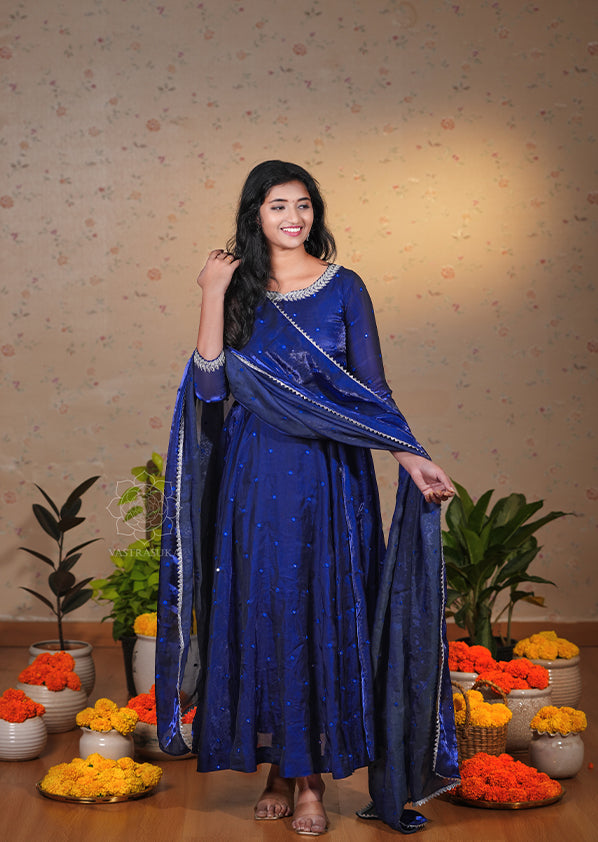 Sparkling Blue Space Silk Anarkali Set