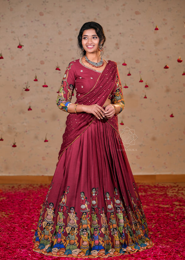 Wine Red Kalamkari Half Saree