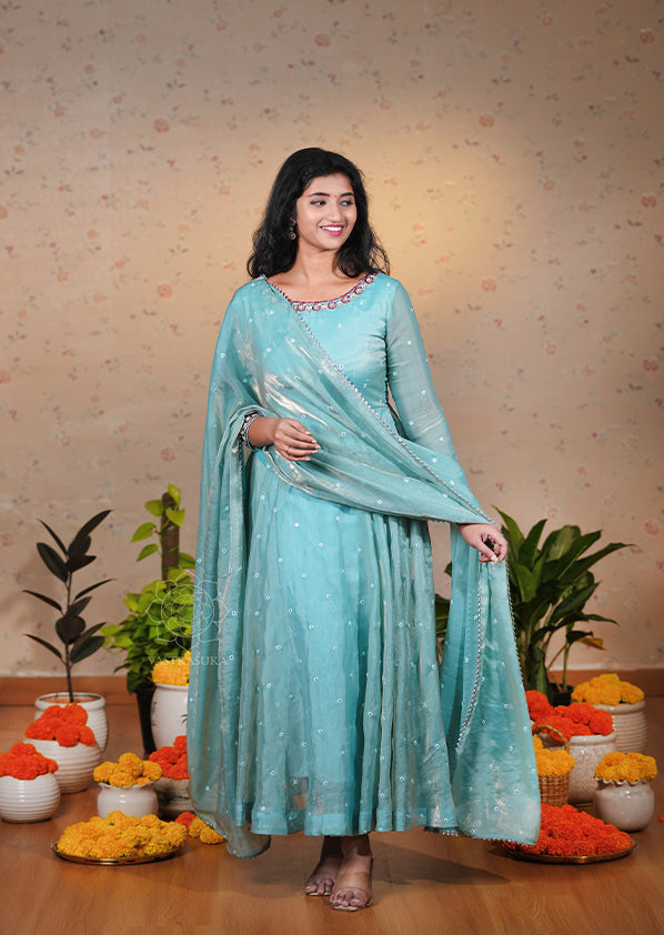 Cool Blue Space Silk Anarkali Set