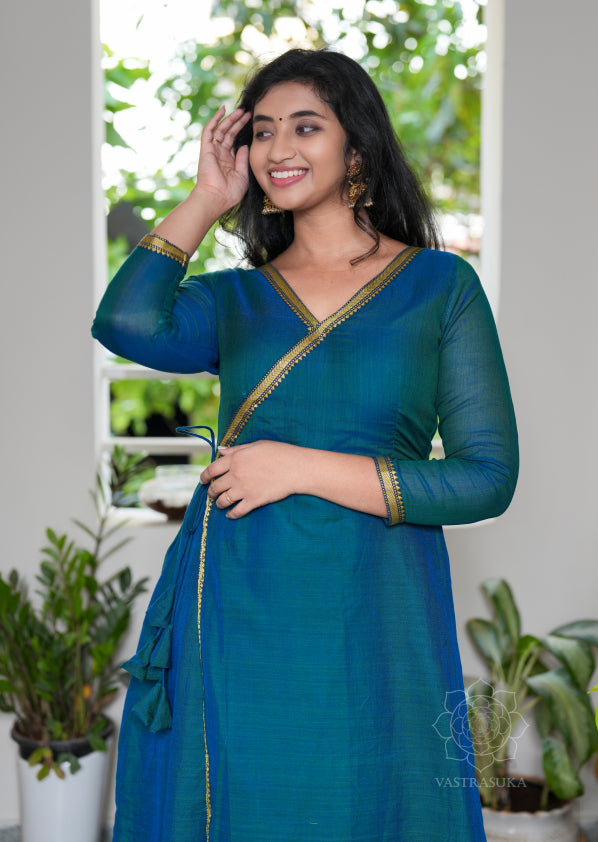 Teal Blue Wrap Style Anarkali in teal blue colour