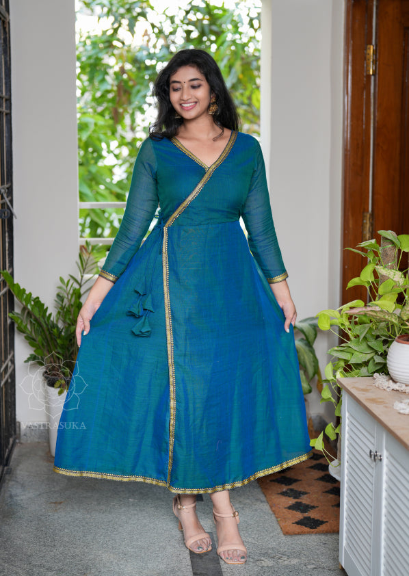 Teal Blue Wrap Style Anarkali in teal blue colour