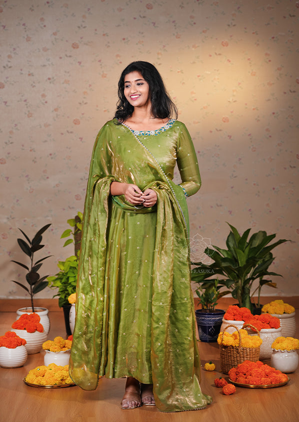 Pear Green Space Silk Anarkali Set Pear Green Space Silk Anarkali Set