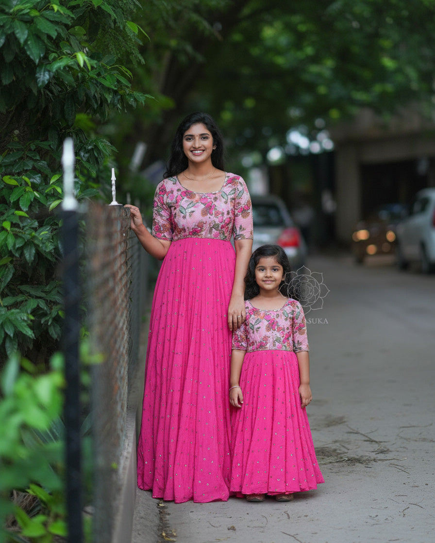 Hot Pink Flora Mom & Daughter combo Vastrasuka Hot Pink Flora Mom & Daughter combo Vastrasuka