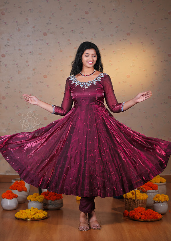 Shine Wine Space Silk Anarkali Set