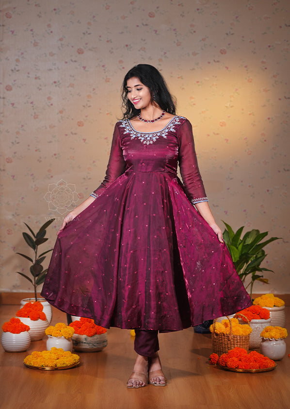 Shine Wine Space Silk Anarkali Set