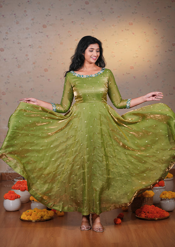 Pear Green Space Silk Anarkali Set Pear Green Space Silk Anarkali Set
