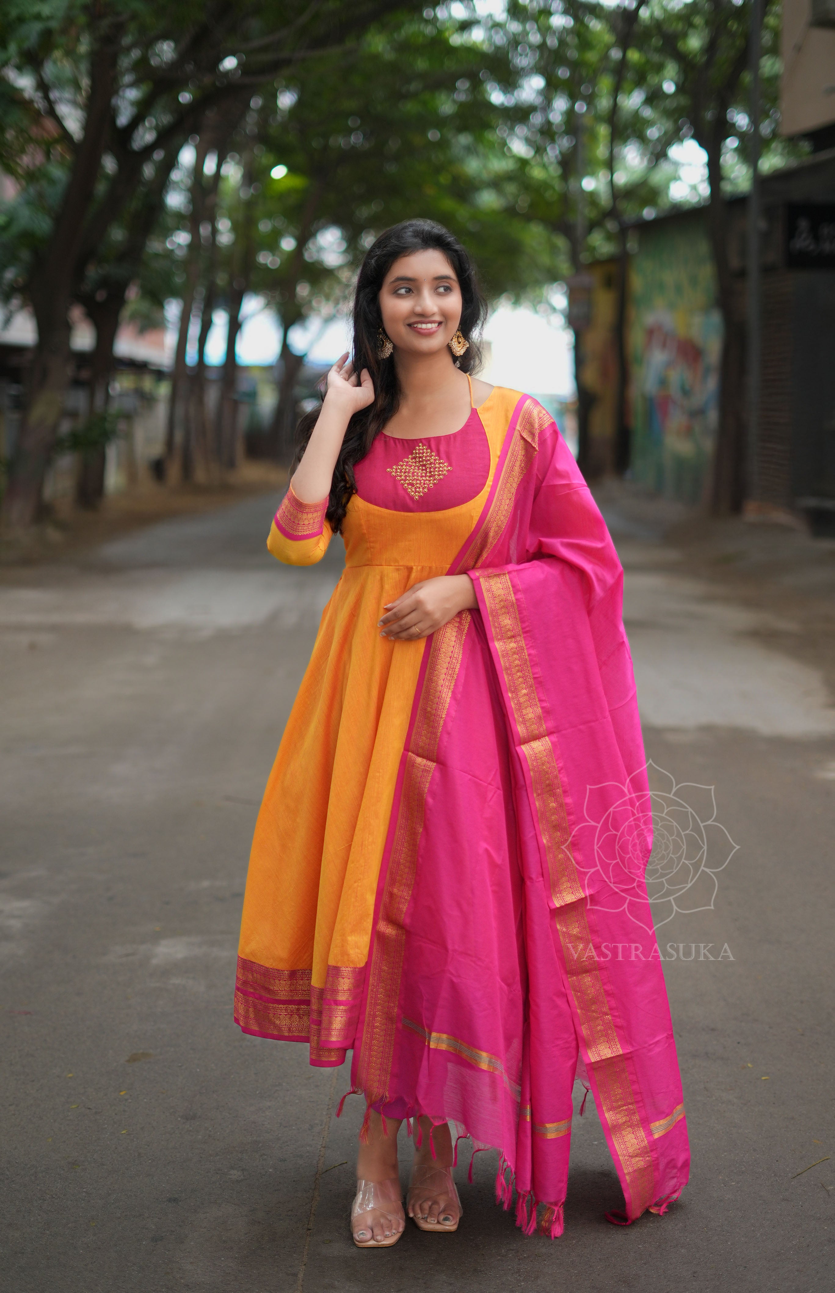Mustard & pink Kanchi cotton Anarkali