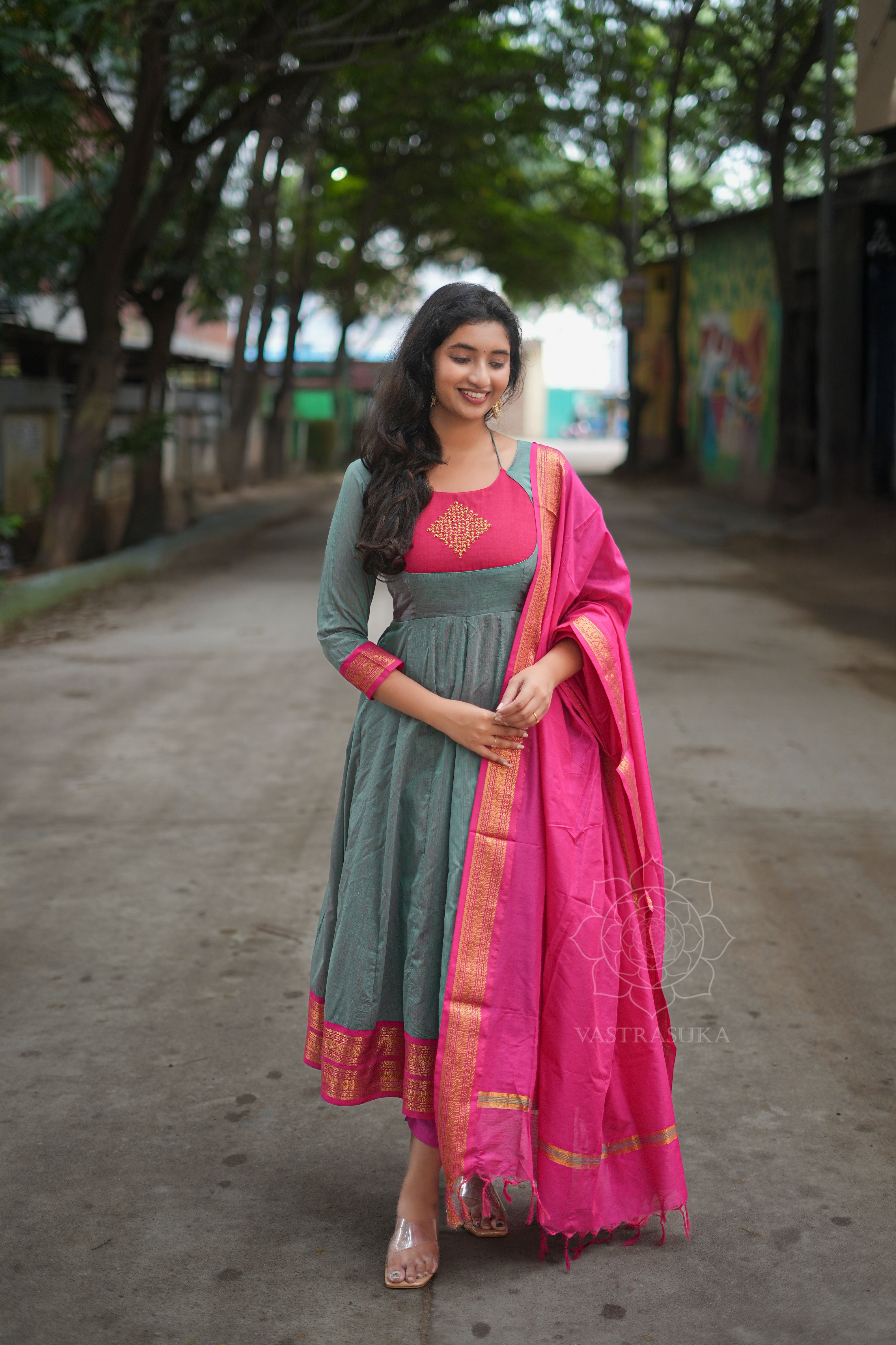 Pine green & pink Kanchi cotton Anarkali