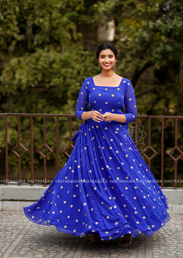 Sky Blue Color Plus Size Gown in Anarkali Style Rayon With Foil Print in  USA, UK, Malaysia, South Africa, Dubai, Singapore