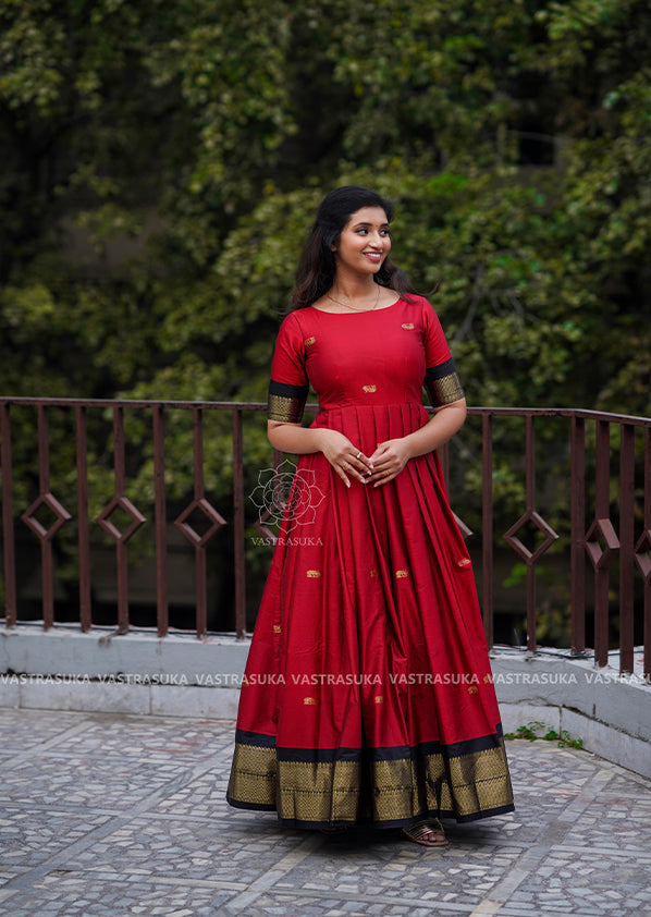 Gorgeous red color Mangalagiri pattu long frock with hand embroidery yoke  20211011