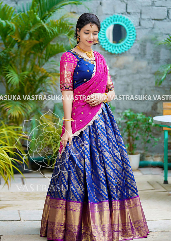 02-NITHYA-PeacockBlue Floral Kalamkari Digital Printed Half Saree