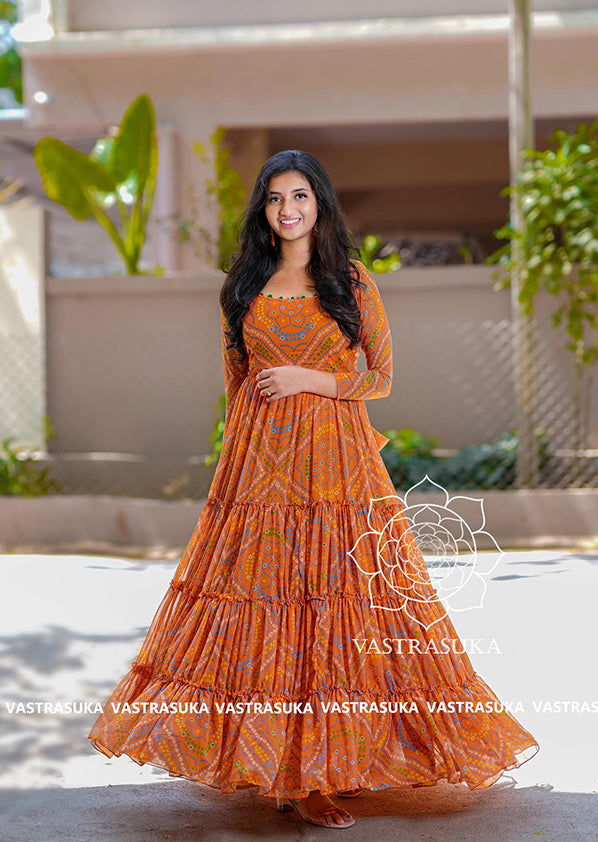 orange bandhani dress Buy Orange Chinnon Bandhani Print Wedding Wear Readymade Plazzo Suit Online From Surat Wholesale Shop