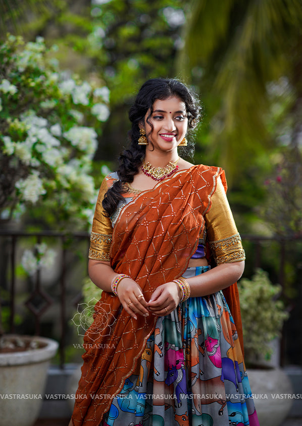 A Golden Threads Production. on Instagram: “Gorgeous @rekhareddyy for her  pradanam in our #kanchibanarasi @kav… | Half saree designs, Half saree  lehenga, Half saree