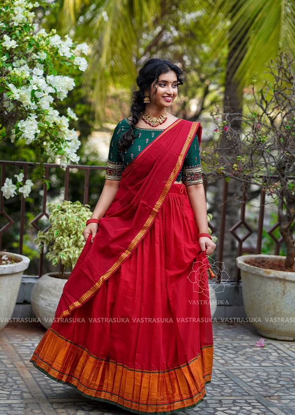 Red and Green Handloom Half Saree