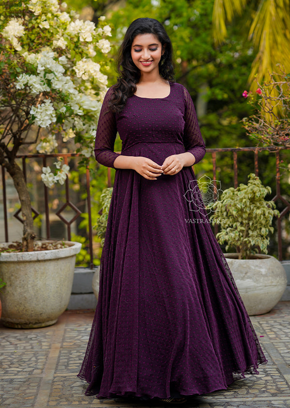 Georgette Wine Colored Designe Embroidery Gown With Dupatta For Party Wear