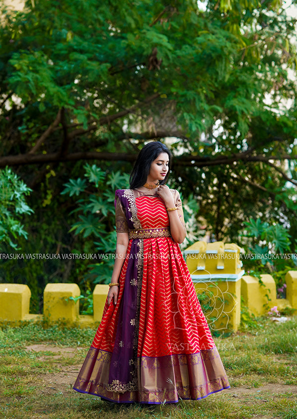 Yellow and pink combination Bandhini print long dress  red  taranggin