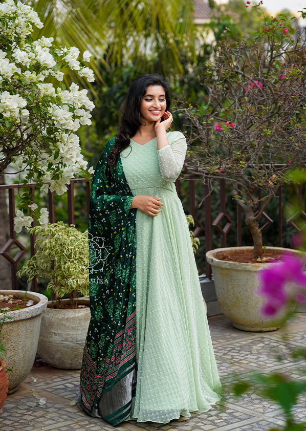 Shop Pista Green Embroidered Silk Festival Gown with Dupatta From Ethnic  Plus